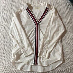 White Button Up Shirt with Red and Black Stripe Detail